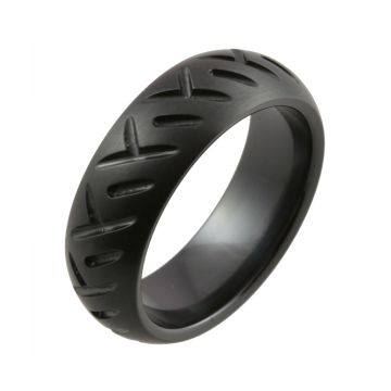 Motorbike Tyre Design with Satin Finished Black Zirconium Wedding Ring