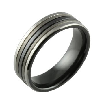 Black Zirconium Two Tone Central Stripe & Twin Finish Men’s Wedding Ring