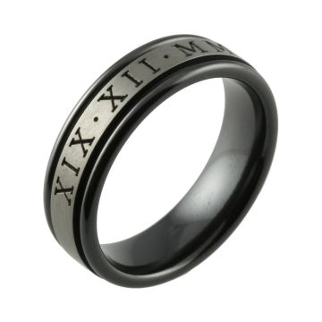 Laser Engraved Two Tone Roman Numeral Black Zirconium Wedding Ring