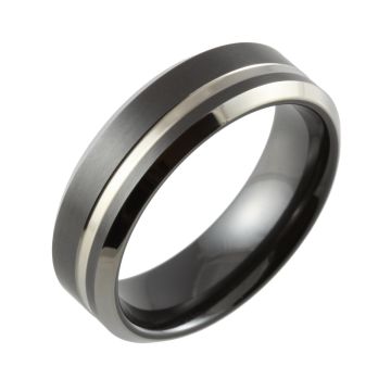 Black Two Tone Bevelled Edge & Offset Groove Wedding Ring