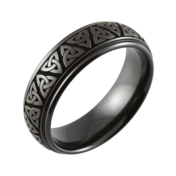 Laser Engraved Trinity Style Knot & Shouldercut Black Zirconium Ring