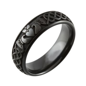 Laser Engraved Claddagh Design Black Zirconium Ring