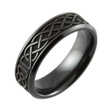 Laser Engraved Celtic Weave Chamfered Black Zirconium Ring