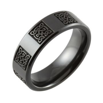 Laser Engraved Repeated Celtic Knot Chamfered Black Zirconium Ring