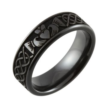 Laser Engraved Claddagh Design Flat Black Zirconium Ring