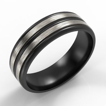 Ribbed Black Zirconium Band with Twin Silver Inlays
