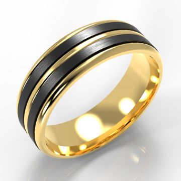 Ribbed Yellow Gold Band with Twin Black Zirconium Inlays