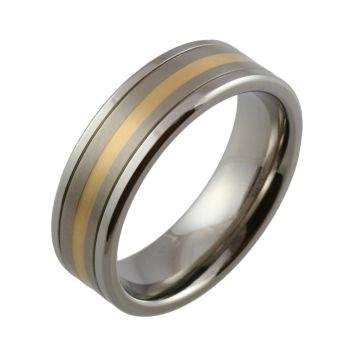Two Tone Titanium with Yellow Gold Inlaid Wedding Ring
