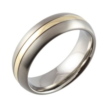 Two Tone Domed Titanium with Grooves & Yellow Gold Wedding Ring