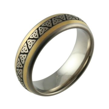 Two Tone Domed Titanium & Yellow Gold with Engraved Trinity Knot Wedding Ring